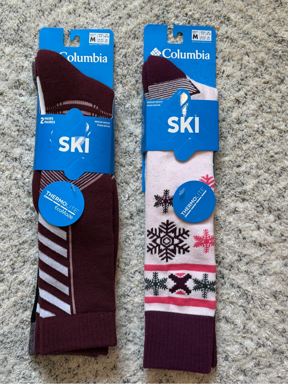 3 Pair Columbia Womens Mens Medium Weight Thermolite over calf Ski Socks MED